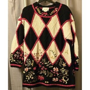 Vintage Jennifer Reed Sweater Womens Medium Floral‎ Needlepoint Hand Knit 90s